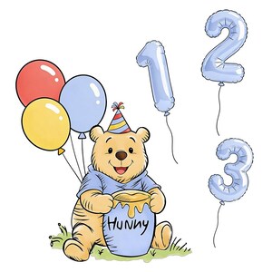 Op de afbeelding: Illustratie van een cartoonbeer met een feesthoed, die een honingpot vasthoudt met "Hunny" erop geschreven, en omringd door ballonnen. Inclusief blauwe cijferballonnen: 1, 2 en 3. De beer zit op gras met rode, gele en blauwe ballonnen.
