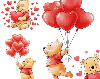 Winnie the Pooh Valentine's Day Clip Art, Balloons and Hearts (Digital Download, 5000px)