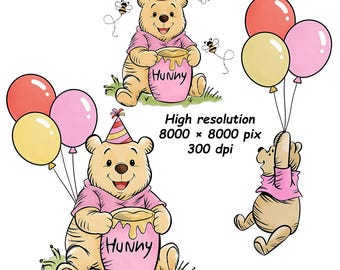 Winnie the Pooh Pink Bear Clipart, Hunny Pot Balloon (8 PNG Files)