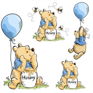 May include: A collection of illustrations featuring a yellow bear in a blue shirt with a blue balloon and bees. The bear is sitting next to a honey pot with the word "Hunny" on it. The bear is also shown holding the balloon.