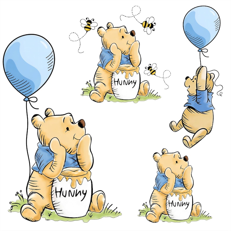 May include: A collection of illustrations featuring a yellow bear in a blue shirt with a blue balloon and bees. The bear is sitting next to a honey pot with the word "Hunny" on it. The bear is also shown holding the balloon.