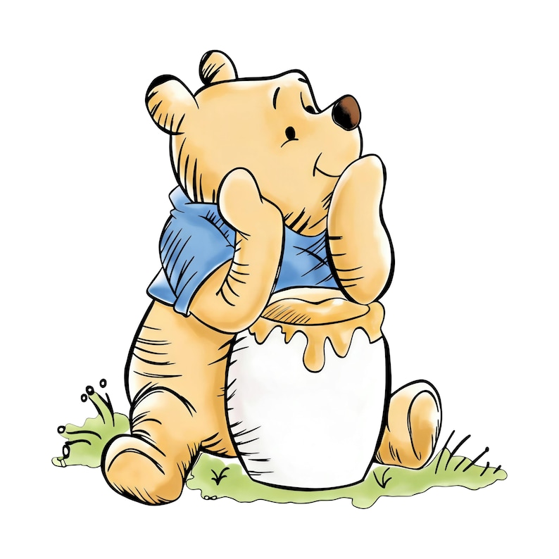 May include: Illustration of Winnie the Pooh, a yellow bear wearing a blue shirt, sitting next to a white honey pot with dripping honey. The bear is on a patch of green grass, with a white background.