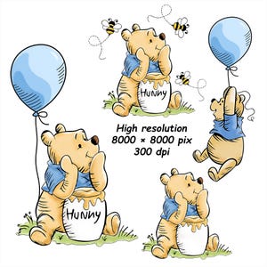 Könnte beinhalten: Cartoon-Illustration eines Bären in blauem Hemd mit blauem Ballon und Honigtopf mit der Aufschrift "Hunny". Der Bär ist von Bienen und Gras umgeben. Der Text auf dem Bild lautet "High resolution 8000 x 8000 pix 300 dpi".