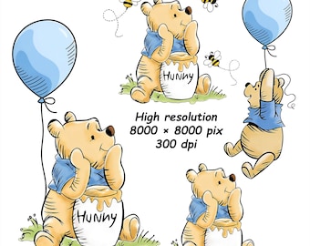 Winnie the Pooh Bear PNG Clipart, Hunny Pot, Nursery Art (Digital Download, 4 PNG Files)