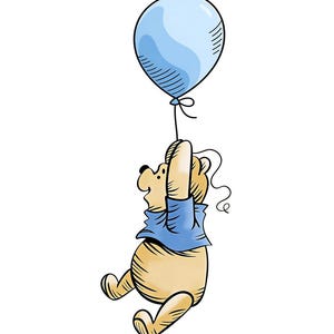 May include: A cartoon illustration of a bear holding a light blue balloon. The bear is wearing a blue shirt and has a light brown body. The balloon is round and has a string attached to the bear's hand.