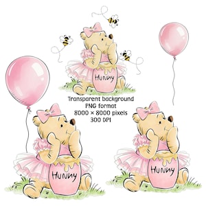May include: A digital illustration featuring a light yellow bear wearing a pink bow and tutu, sitting beside a pink honey pot labeled HUNNY. The bear is surrounded by three small bees, two pink balloons, and green grass patches on a white background.