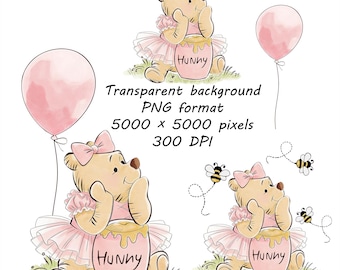 Pink Winnie the Pooh Clipart, Hunny Pot, Balloon, Baby Birthday Decor (4 PNG)