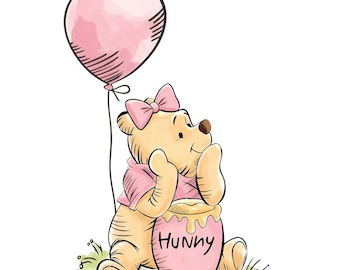 May include: A watercolor illustration of Winnie the Pooh holding a pink balloon. Pooh is wearing a pink shirt and bow, and is sitting next to a pink honey pot with the word "Hunny" on it. The background is white with a touch of green grass.