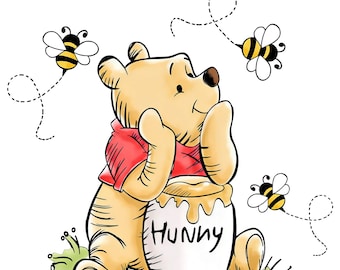 May include: Illustration of a yellow bear wearing a red shirt, sitting next to a white pot of honey labeled "Hunny." Three bees fly around the bear, with dotted lines indicating their flight paths. The bear is on a patch of green grass.