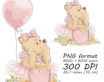 Pink Winnie the Pooh Clipart, Hunny Pot, Balloon, Watercolor Bear (Digital Download)