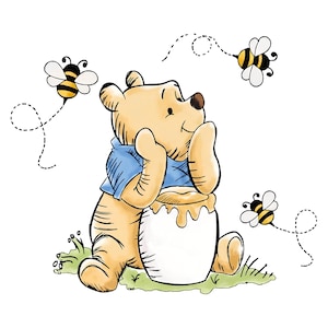 May include: A cartoon illustration of a bear wearing a blue shirt, sitting beside a honey pot. Two bees fly around the bear, with dotted lines showing their flight paths. The bear is light brown, and the bees are yellow and black.
