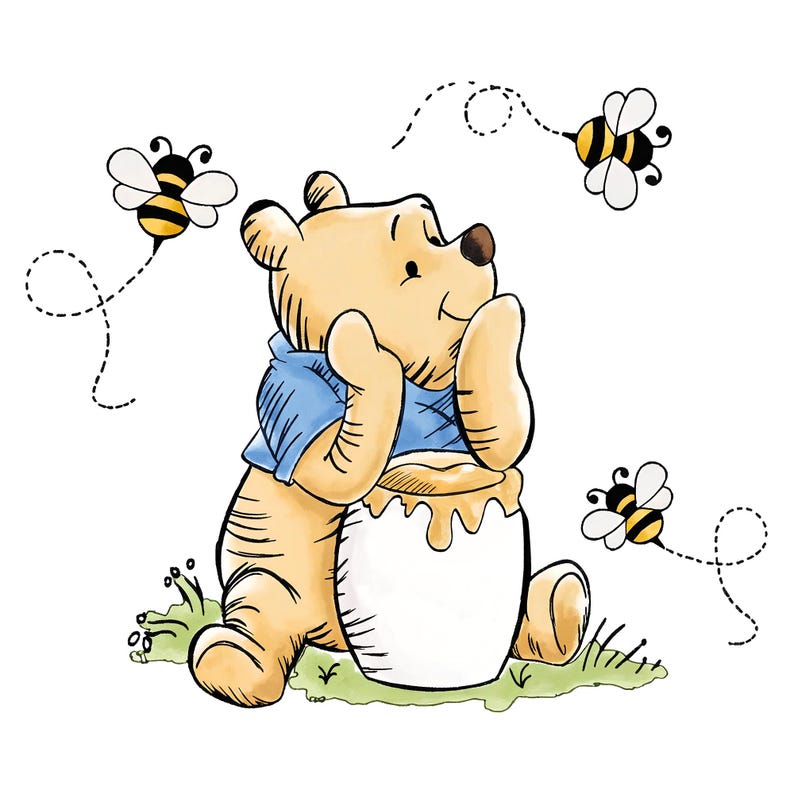 May include: A cartoon illustration of a bear wearing a blue shirt, sitting beside a honey pot. Two bees fly around the bear, with dotted lines showing their flight paths. The bear is light brown, and the bees are yellow and black.