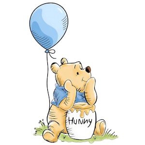 May include: Illustration of Winnie the Pooh, a yellow bear, sitting on grass and holding a honey pot labeled "Hunny." A light blue balloon floats above him. The bear is wearing a blue shirt and smiling.