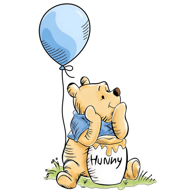 May include: Illustration of Winnie the Pooh, a yellow bear, sitting on grass and holding a honey pot labeled "Hunny." A light blue balloon floats above him. The bear is wearing a blue shirt and smiling.