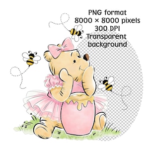 May include: A digital illustration of a light brown bear wearing a pink tutu and a matching bow, sitting beside a pink honey pot. Three small bees with black and yellow stripes fly around the bear. Text reads: PNG format, 8000 x 8000 pixels, 300 DPI, Transparent background.