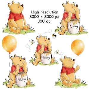 Könnte beinhalten: Eine Sammlung von Winnie Puuh Illustrationen, die den gelben Bären im roten T-Shirt zeigen, wie er auf grünem Gras sitzt, Honigtöpfe mit der Aufschrift "HUNNY" und gelbe Luftballons hält, mit kleinen Bienen und dem Text High resolution 8000 x 8000 px 300 dpi.