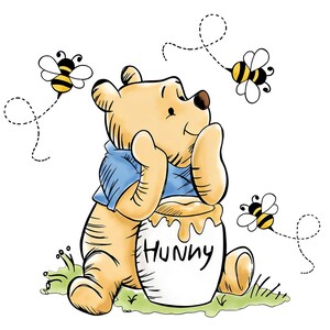 May include: Illustration of Winnie the Pooh, a yellow bear in a blue shirt, sitting next to a honey pot labeled "Hunny." Three bees fly around the bear, with dotted lines indicating their flight paths. The scene is set on a patch of green grass.
