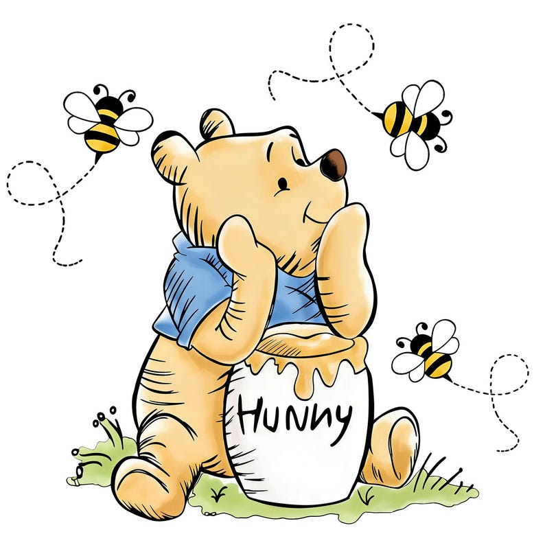 May include: Illustration of Winnie the Pooh, a yellow bear in a blue shirt, sitting next to a honey pot labeled "Hunny." Three bees fly around the bear, with dotted lines indicating their flight paths. The scene is set on a patch of green grass.