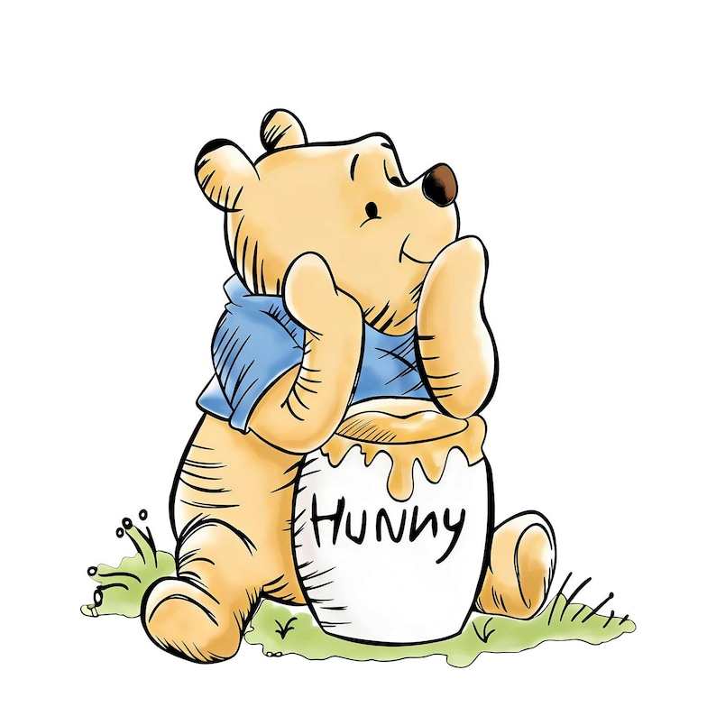 May include: Illustration of Winnie the Pooh, a yellow bear wearing a blue shirt, sitting next to a white honey pot. The honey pot has the word "Hunny" written on it. The bear is on a patch of green grass.