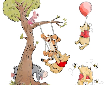 Winnie the Pooh PNG Clipart, Vintage Bear Art, Nursery Wall Decor (Digital Download)
