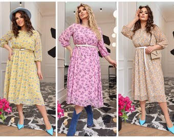 Printed chiffon dress with sleeves, Yellow floral chiffon dress with belt, Plus Size