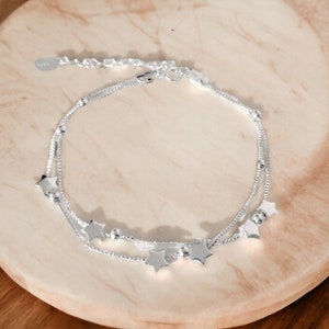 925 Sterling Silver Tiny Twinkle Star Charm Bracelet, Beaded Star Link Bracelet, Adjustable Length, Gifts for Her image 2