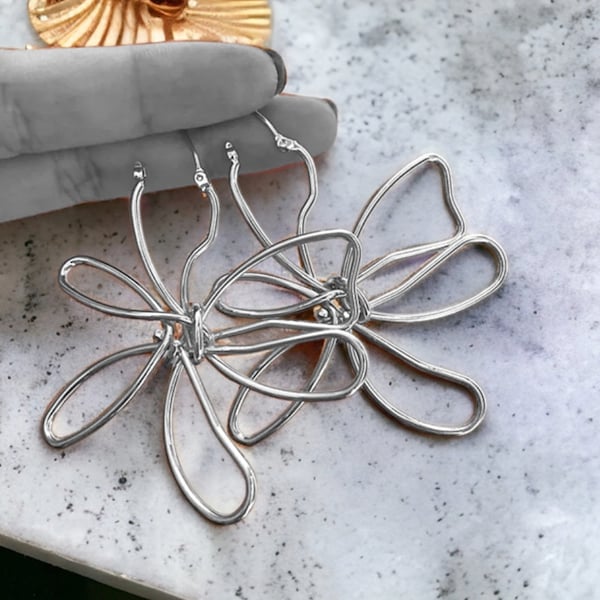 Silver Wire Flower Earrings, Gifts for Her