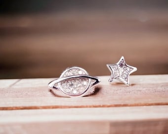 925 Sterling Silver CZ Star Stud Earrings, Silver Star Earrings, Silver Planet Earrings, Saturn Earrings