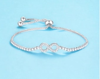 Pulsera Infinity de plata de ley, cristales CZ, pulsera ajustable, regalo para ella