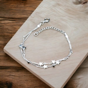 925 Sterling Silver Tiny Twinkle Star Charm Bracelet, Beaded Star Link Bracelet, Adjustable Length, Gifts for Her