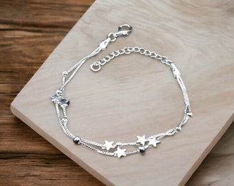 925 Sterling Silver Tiny Twinkle Star Charm Bracelet, Beaded Star Link Bracelet, Adjustable Length, Gifts for Her