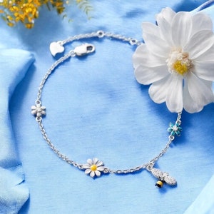 925 Sterling zilveren bloem en bijenarmband, verstelbaar, Daisy bloemarmband, bijenarmband, cadeau voor haar