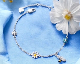 925 Sterling Silver Flower and Bee Bracelet, Adjustable, Daisy Flower Bracelet, Bee Bracelet, Gift for Her