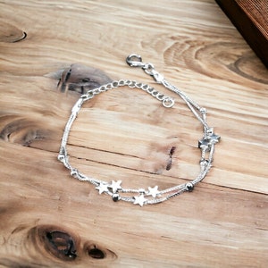 925 Sterling Silver Tiny Twinkle Star Charm Bracelet, Beaded Star Link Bracelet, Adjustable Length, Gifts for Her image 4