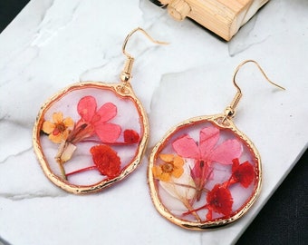 Sterling Silver Handmade Pressed Flowers Resin Gold Dangle Drop Earrings, Flower Earrings in Three Colours, Real Flower, Resin Earring