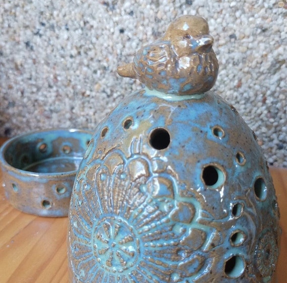 Lantern tealight holder night light bird sparrow clay ceramic hand-made handmade