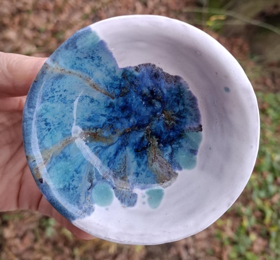 2 bowls blue white running glaze dip bowls ceramic clay handmade unique