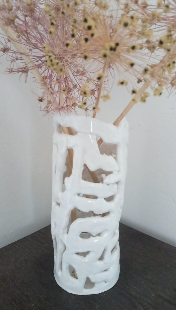 Vase for dried flowers dry vase handmade pottery clay ceramic glazed white