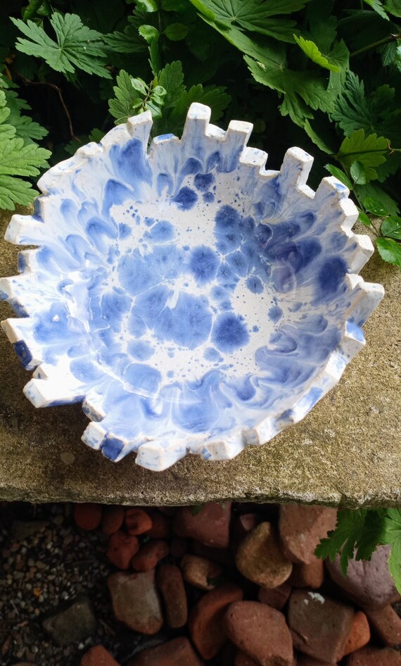Bowl made of glazed clay blue white fruit bowl offering bowl handmade pottery unique