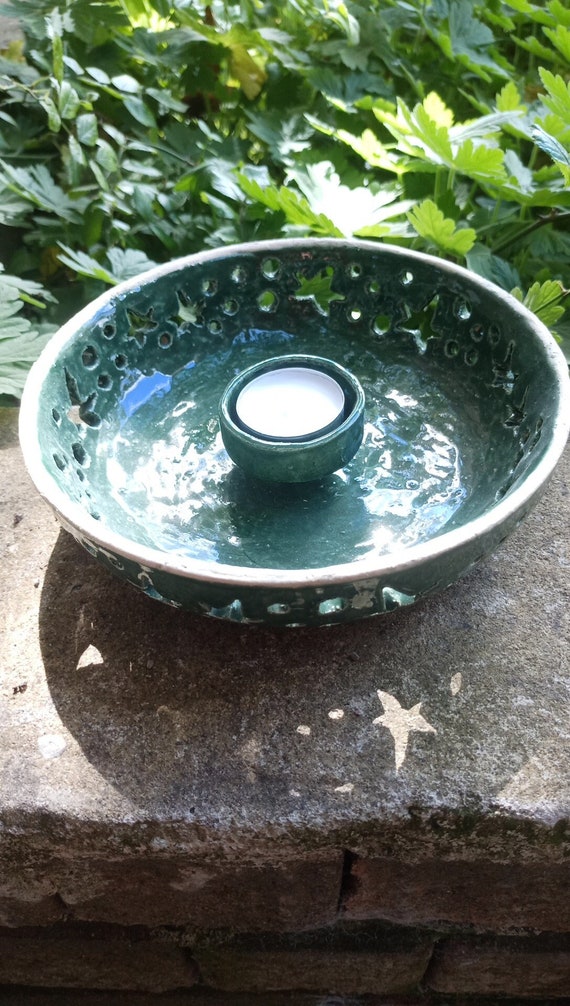 Lantern tealight holder made of ceramic handmade handcraft clay pottery green ivy