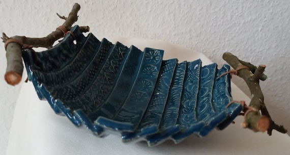 Decorative bowl fruit bowl ceramic clay handmade blue with branches