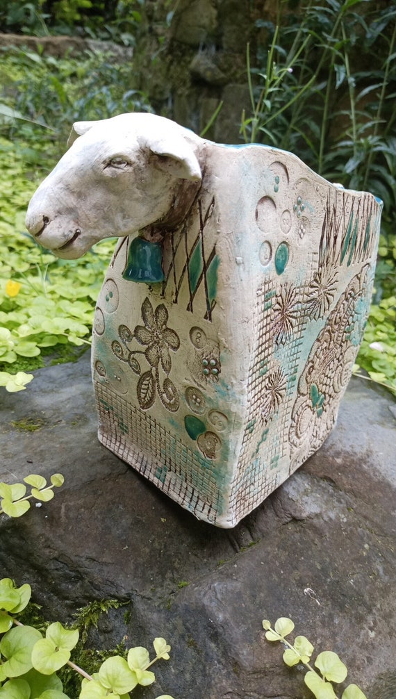 Sheep animal sculpture animal figure art ceramic vessel storage tool made of fired and glazed clay purely handmade