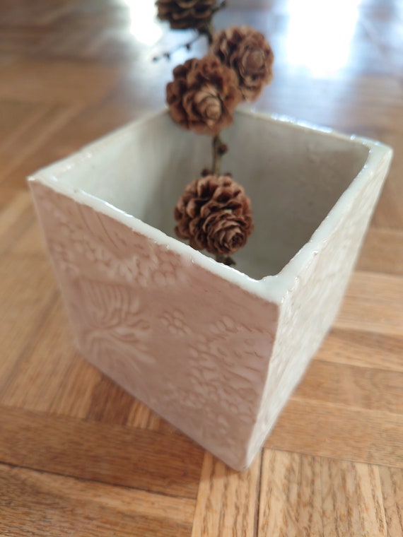 Ceramic Planter Storage Box Cube Glazed White Gift Home Decoration Handmade in Germany