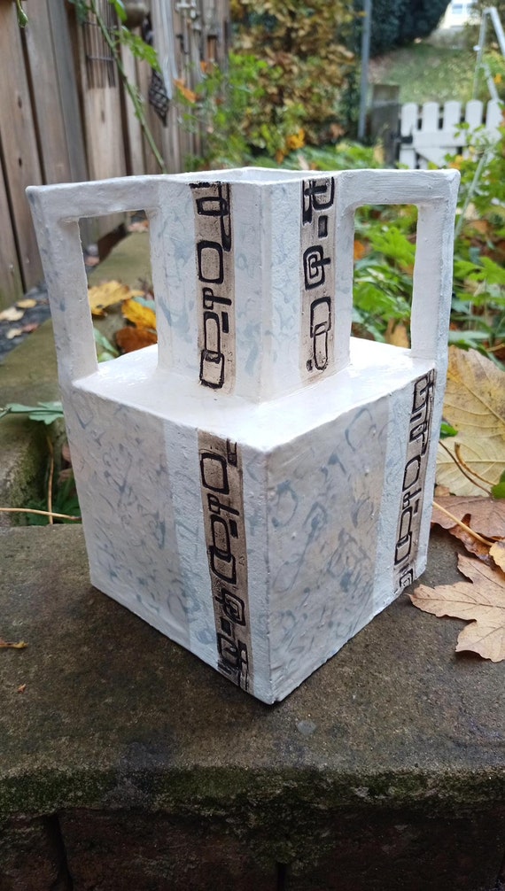 Vase flower vase handle vase white & transparent glazed with dark brown and light grey ornaments handmade clay ceramic