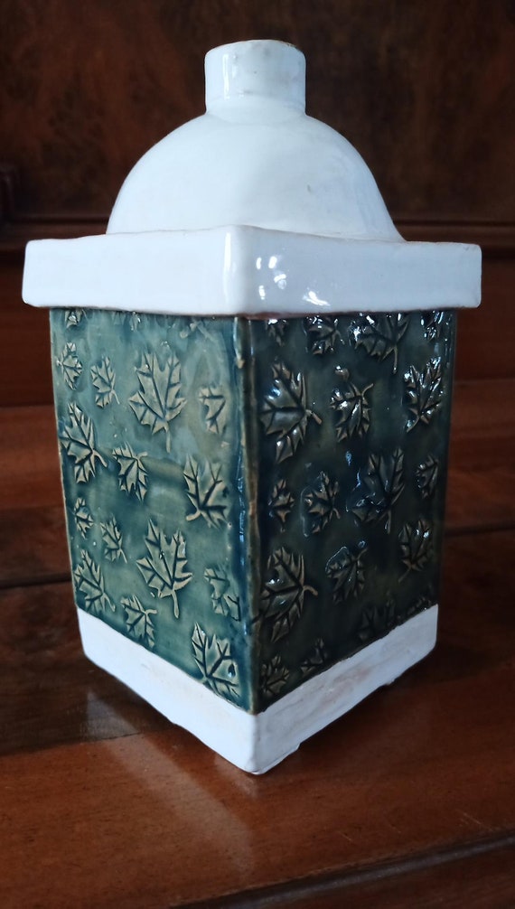Lidded jar can container utensil white green glazed ceramic maple leaves handmade