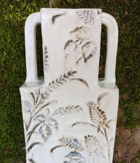 slim tall vase made of clay ceramic vase with stylized herbs flowers and panicles handmade handmade clay vase square with handles