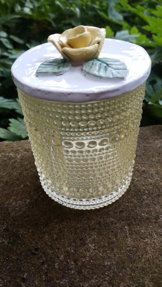 Utensilo storage tool utensil container made of glass with handmade lid made of clay yellow rose