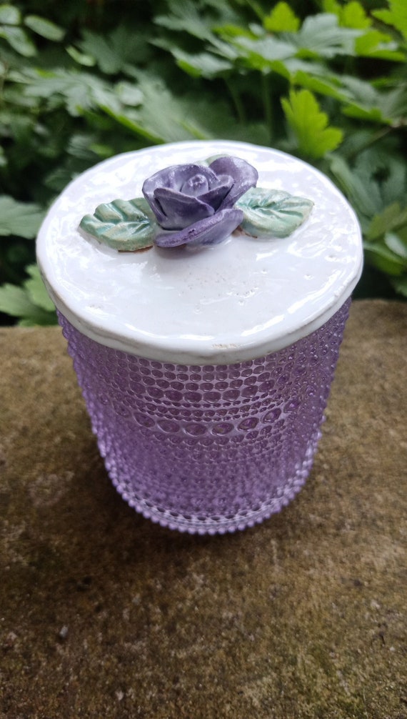 purple glass with knobs and handmade ceramic lid purple rose storage jar storage tool utensil container
