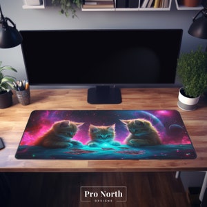 May include: Three orange tabby kittens playing cards in a galaxy themed setting. The kittens are sitting on a blue surface with a pink and purple nebula in the background. The surface is surrounded by stars and a planet.