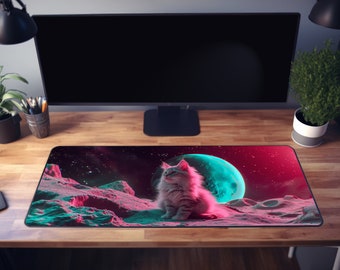 Cat Desk Mat, Cyber Punk Gaming Setup, XL Cat Mouse Pad, Solar System Desk décor Aesthetic, Cubical Décor, Gifts For Gamers, Planet Deskmat